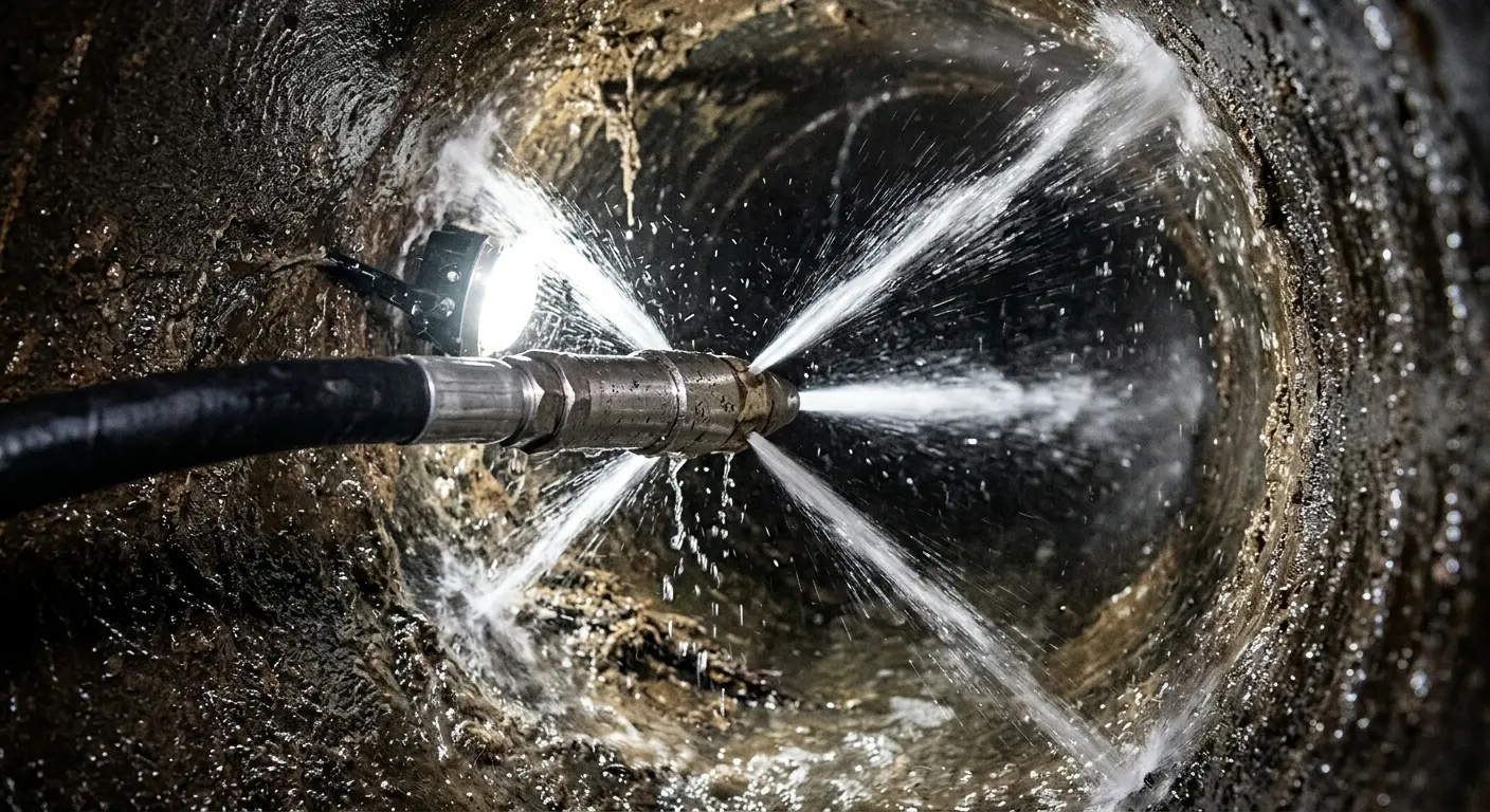 High-pressure hydro jetting nozzle cleaning sewer pipe for Emergency Drain Service in Batesburg-Leesville