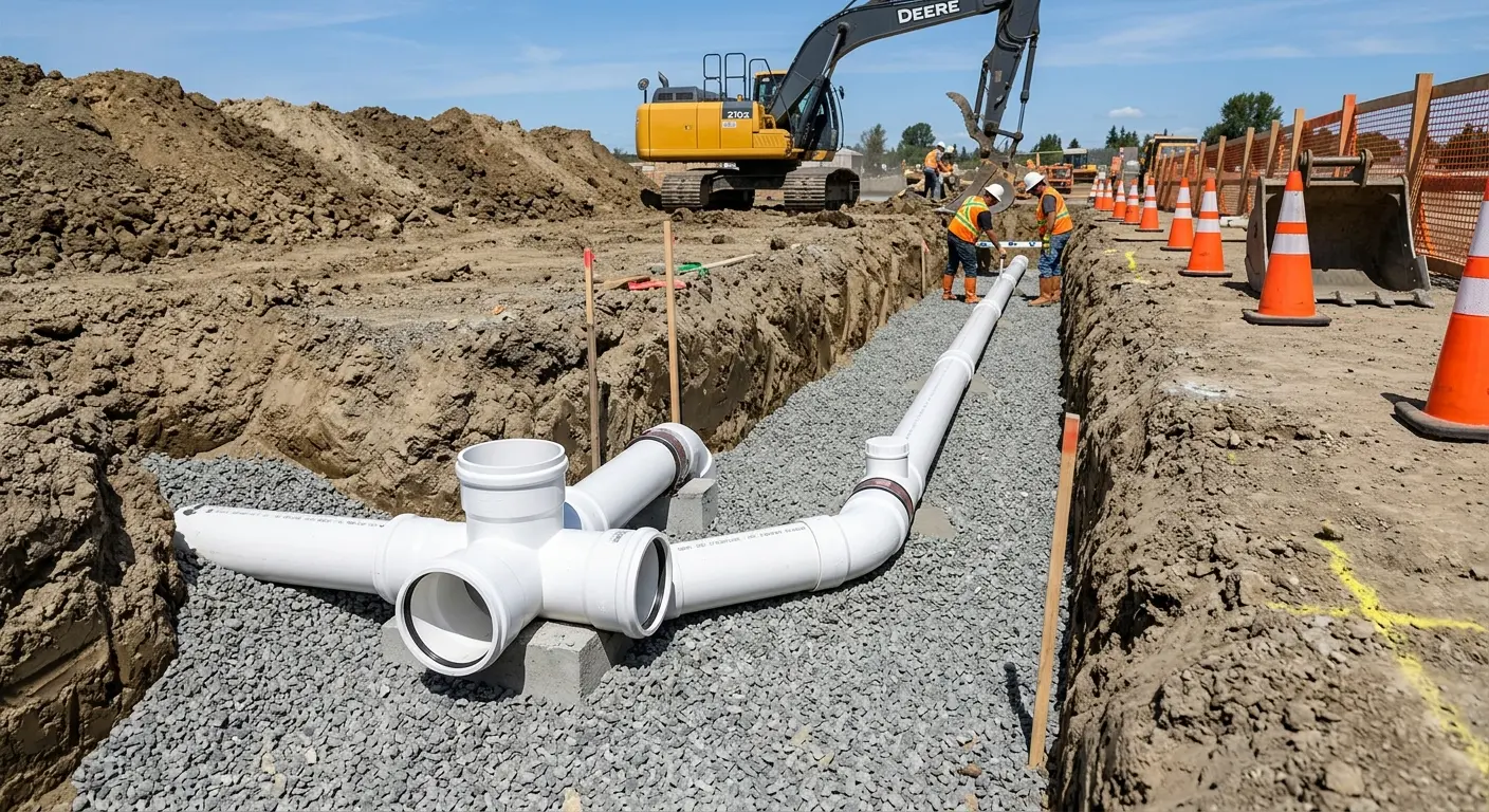 New PVC sewer pipe installation in open trench for Sewer Backup in Batesburg-Leesville