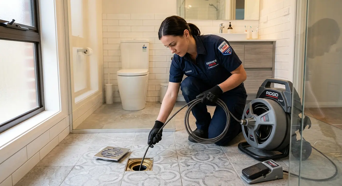 Technician clearing a bathroom floor drain for Drain Cleaning in Batesburg-Leesville